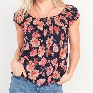 Navy And Peach Floral-Print Tie-Back Swing Top XS